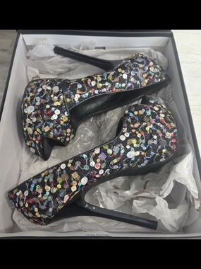 Carlos Santana black multi-colored sequin peep-toe platform heels